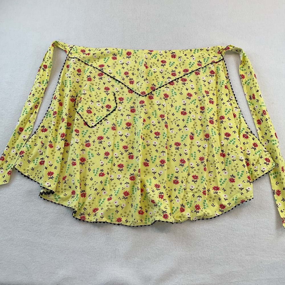 Vintage Handmade Yellow Floral Half Apron Black Rick Rack Trim Retro Kitchen
